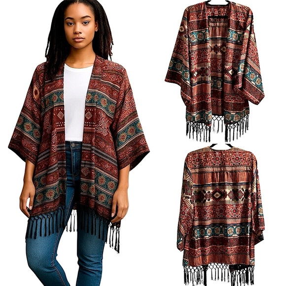 Bohemian Multicolor Kimono Fringe Detailing Earth Tones One Size - Picture 1 of 16